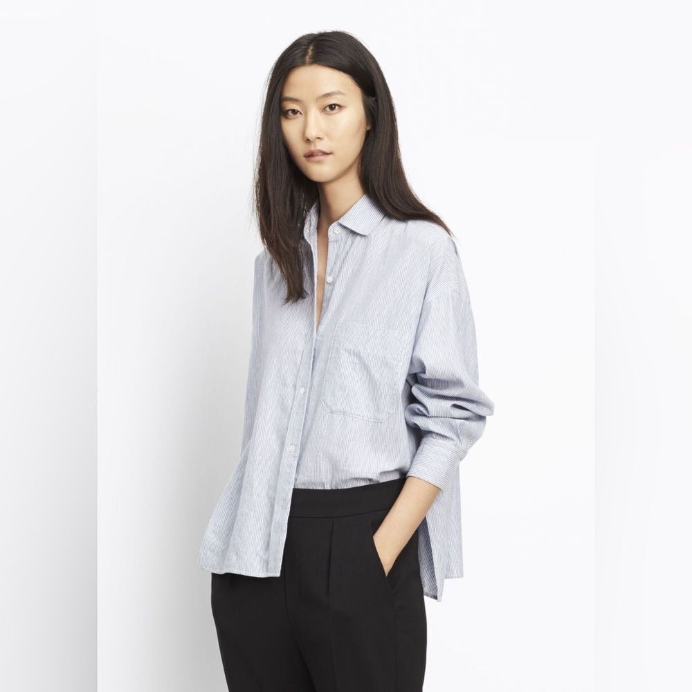 Boxy Button Down Shirt | Light Blue Striped | Quiet Luxury